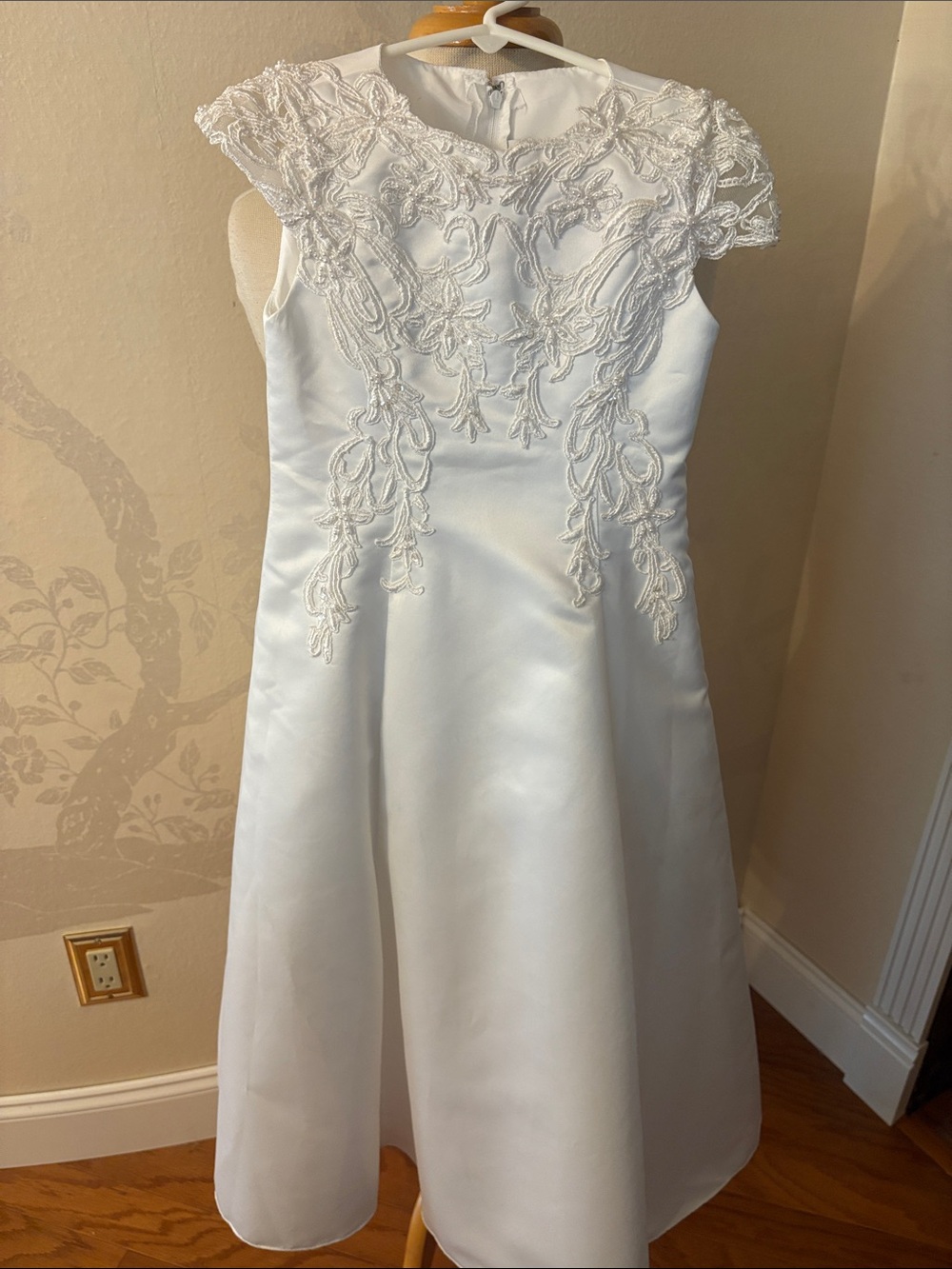Oleg Cassini White Satin Flower Girl Dress with Lace Appliqué